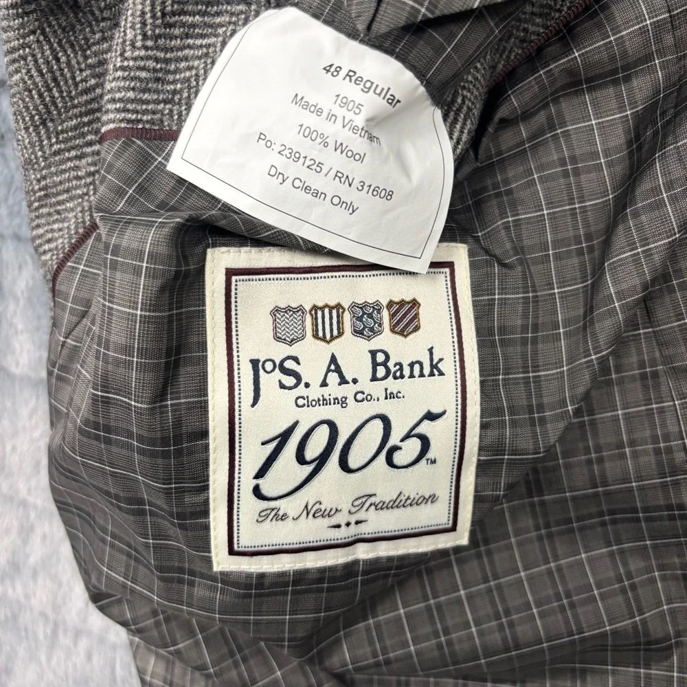 Jos A Bank 1905 Tailored Fit Herringbone Wool Blazer Sport Coat Grey Brown 48R